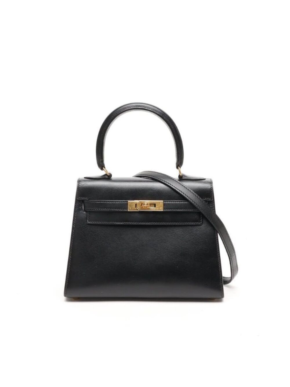 Authentic Hermes Black Box Calf Mini Kelly 20 2way Sellier with strap gold hdw